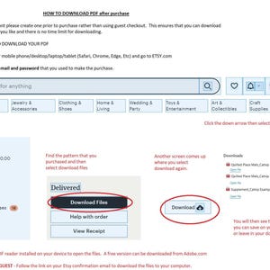 May include: A screenshot of the Etsy website showing instructions on how to download digital files after purchase. The instructions include signing in to your Etsy account, clicking on the "Purchases" tab, and then clicking on the "Download Files" button. The text "DO NOT USE ETSY APP TO DOWNLOAD YOUR PDF" is also visible.
