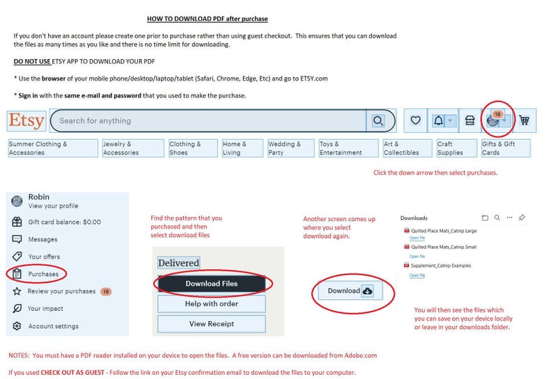 May include: A screenshot of the Etsy website showing instructions on how to download digital files after purchase. The instructions include signing in to your Etsy account, clicking on the "Purchases" tab, and then clicking on the "Download Files" button. The text "DO NOT USE ETSY APP TO DOWNLOAD YOUR PDF" is also visible.