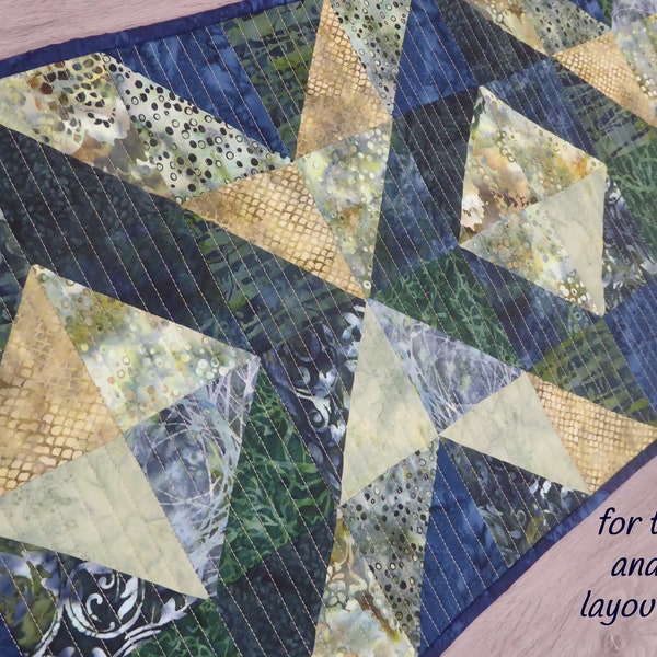 Quilted Table Runner Pattern, Modern Quilt Pattern, Batik Quilt Pattern, Layer Cake or 10 inch Scraps, Digital Download, Confident Beginner