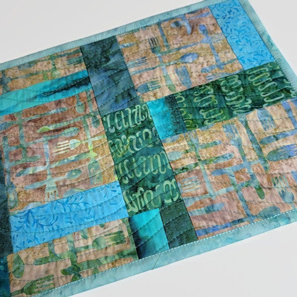 Batik Snack Mat, Quilted Mug Rug, Mini Art Quilt, One of a Kind Gift, Shades of Aqua Teal and Green