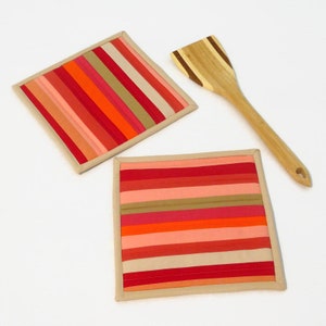 Quilted Potholders Set: Modern Striped Cotton Trivets, Set of 2