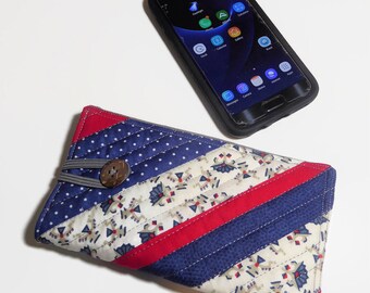 Quilted Phone or Glasses Case: Red White Blue Cotton