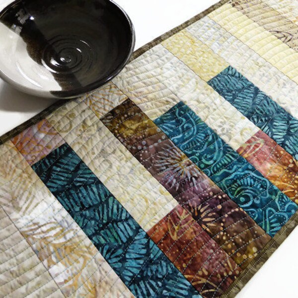 Quilted Table Runner in Turquoise and Brown Batik Fabrics