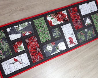 Quilted Christmas Table Runner with Cardinals and Birch Trees