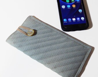 Handmade Sea Foam Blue Phone Case: Quilted Glasses Sleeve with Ceramic Button