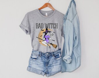 Bad Witch Shirts for Women retro witch tees vintage shirts Halloween inspired witchy shirts Bohemian style tees Vintage witch graphic tees