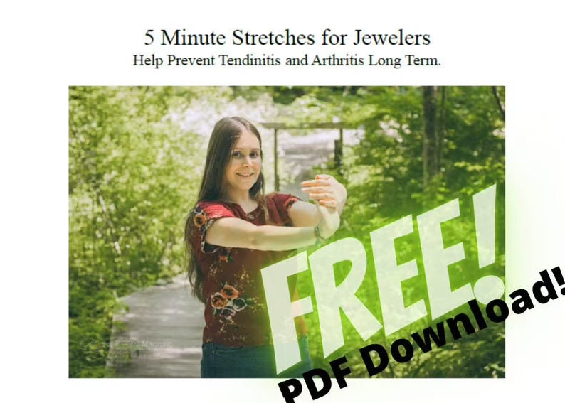 May include: Image promoting 5-minute stretches for jewelers to prevent tendinitis and arthritis. A woman in a floral top demonstrates a stretch. The word "FREE!" is prominently displayed, along with "PDF Download!"