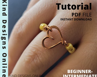 Beaded Heart Ring Tutorial for Beginner & Intermediate Wire Wrapping Symmetrical Heart Ring PDF Downloadable Pattern DIY Valentines Gift <3