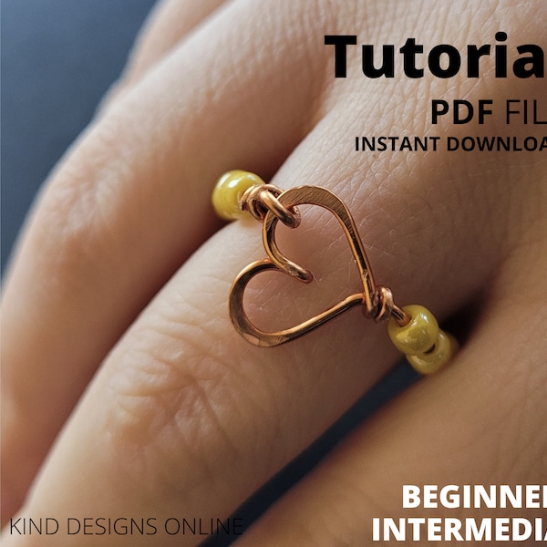 Beaded Heart Ring Tutorial for Beginner & Intermediate Wire Wrapping Symmetrical Heart Ring PDF Downloadable Pattern DIY Valentines Gift <3