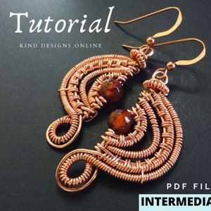 May include: A pair of copper wire earrings with a woven design and a brown gemstone. The earrings are labeled "Tutorial" and "KIND DESIGNS ONLINE". The text "PDF FILE" and "INTERMEDIATE" is also visible in the image.
