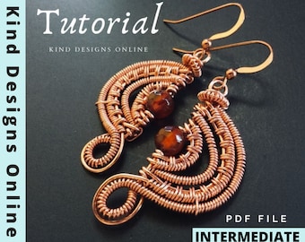 May include: A pair of copper wire earrings with a woven design and a brown gemstone. The earrings are labeled "Tutorial" and "KIND DESIGNS ONLINE". The text "PDF FILE" and "INTERMEDIATE" is also visible in the image.