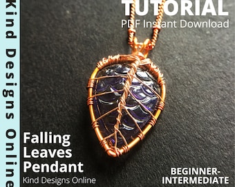 May include: A copper wire wrapped pendant featuring a purple glass leaf design. The pendant is attached to a copper chain. The image includes the text "Falling Leaves Pendant" and "Kind Designs Online".