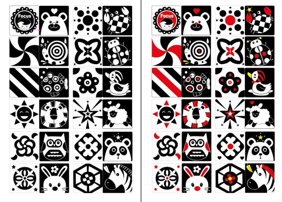 48 Baby Kontrastkarten – Schwarz-Weiß & Bunt, Für Visuelle Stimulation 0-12 Monate (14x14 Cm)