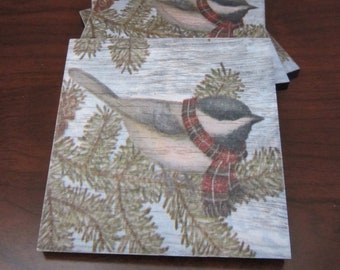 Set of 4 vinyl plank tile coasters w/ images of a sweet Chickadee on an evergreen branch. Great Christmas gift!