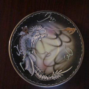 Vintage Wales China dragon hand painted saucer. Raised moriage style and smoky gray w/ gold accent. Cool texture! Crafted in Japan.  #2