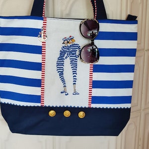 Nautical Beach bag with cross stitch, Striped textil shoulder bag, Handmade beach bag