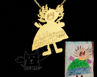 Personalized jewelry, custom made gold plated silver necklaces from your children's drawings, perfect gift, kids drawing jewellery