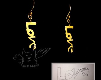 Personalized gold plated silver earings from your child's drawings, gift for her, custom made jewelry