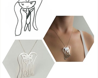 Personalized Necklaces From Your Children's Drawings, Custom made kids drawing jewelry, Gift for her, one-of-a-kind gift idea