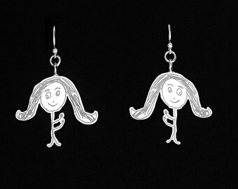 Personalized silver earrings from your child's drawings, custom made earings from your child's drawing, gift for her, birthday gift