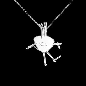 May include: A silver necklace with a pendant shaped like a child's drawing of a stick figure with a smiling face.