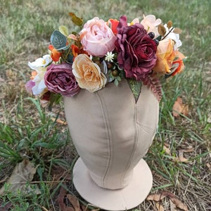 Burgundy and Orange Flower Crown. Fall flower crown. Burgundy flower crown. Burgundy headpiece. Wine flower crown. Orange floral crown. Boho