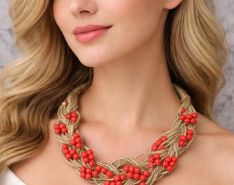 Ethnic Necklace with Red Beads and Jute | Ukrainian Style Jewelry | Rustic Natural Necklace | Handmade Gift for Her