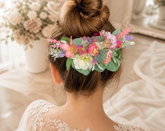 Boho Floral Hair Comb for Bride, Pink Flower Wedding Hair Piece, Garden Bridal Hair Accessory, Rustic Wedding Hair Clip, Bridesmaid Gift