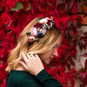 Burgundy and Blush Flower Crown Blush flower crown Burgundy flower crown Burgundy headpiece Wine flower crown Boho Wedding Flower head band