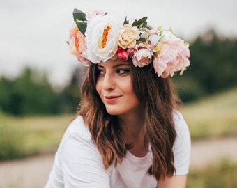 Blush pink  flower crown Peony rose floral crown Boho wedding Bridal headband Flower halo Bridesmaid hair wreath Floral headpiece