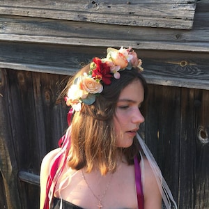 Burgundy Orange Flower Crown. Autumn flower crown. Burgundy flower crown. Burgundy headpiece. Wine flower crown. Orange floral crown. Boho