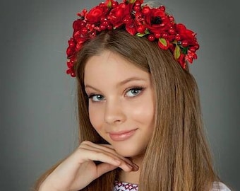Rode Oekraïense krans Bloem Haar Kroon Winter Bruids Bloemenkrans Herfst Bloem Accessoires Bruidshaaraccessoires Oekraïense bruid
