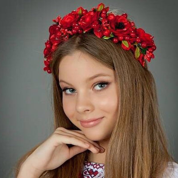 Red  Ukrainian wreath Flower Hair Crown Winter Bridal Floral Wreath Autumn Flower Accessories Bridal Hair Accessories Ukrainian bride