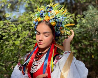 Field Yellow Blue Boho Headband Flower Crown Sunflower Crown Boho Headpiece Holiday Crown Wedding Crown Flowers