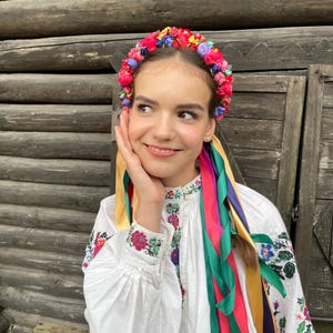 Ukrainian flower crown with ribbons, Red bridal headpiece, Burgundy hair wreath for bride, Traditional folk vinok, Floral wedding headband
