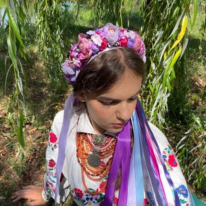 Ukrainian Flower Crown Purple, Bridal Floral Wreath with Ribbons, Boho Wedding Headpiece image 5