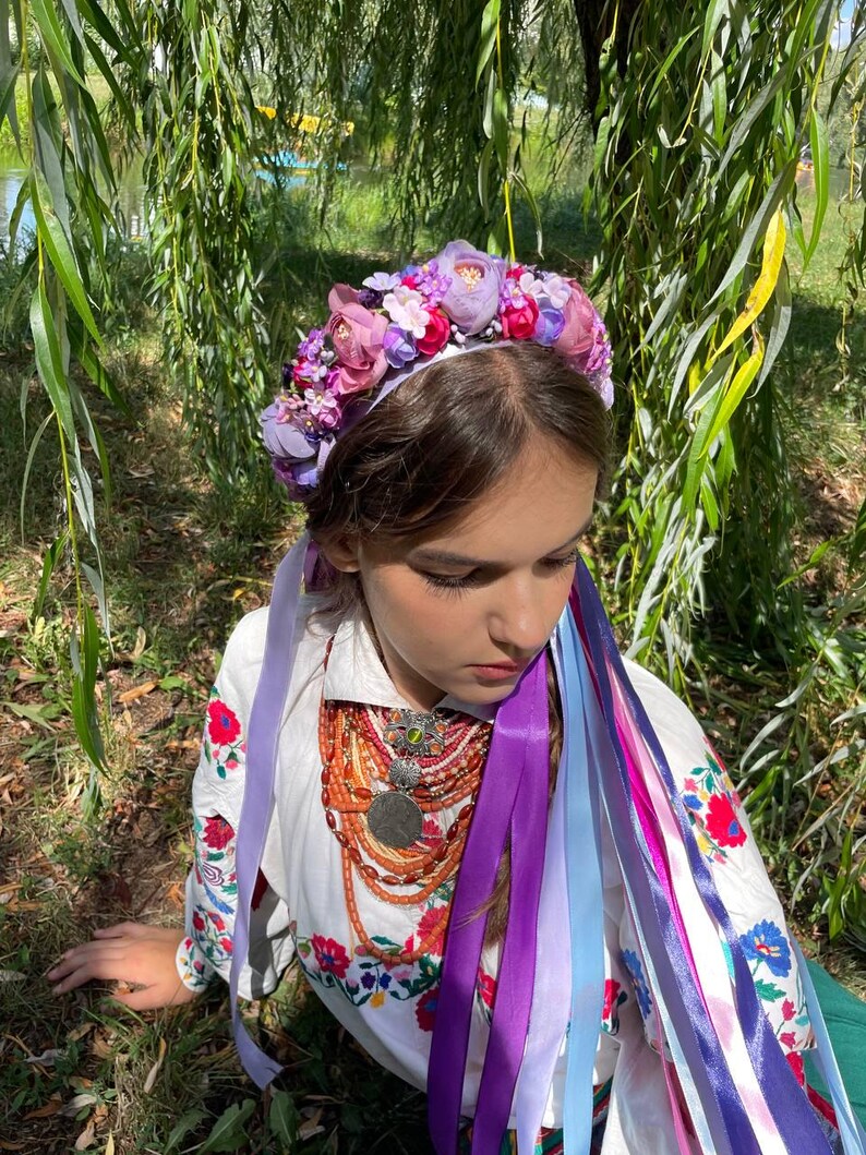 Ukrainian Flower Crown Purple, Bridal Floral Wreath with Ribbons, Boho Wedding Headpiece image 5