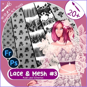 Puede incluir: Gráfico de herramientas de arte digital con una mujer de pelo rosa y un atuendo de encaje blanco. La imagen muestra varios patrones de encaje y malla en blanco y negro con diseños de rosas. El texto incluye "Lace & Mesh #3" y "Rose Lace Collection."