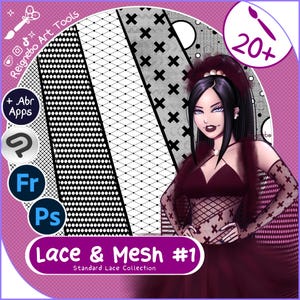 Puede incluir: Gráfico de herramientas de arte digital con una mujer con un vestido burdeos con un diseño de encaje y malla. La imagen incluye varios patrones de encaje y malla, el texto "Lace & Mesh #1" e iconos de aplicaciones.