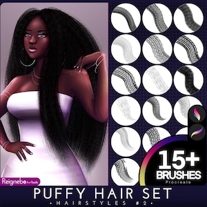 Procreate Haarbürsten - Puffy Hair Bundle - Blow Out Hair, Kinky Hair, Afro-Zeichnung für Gemälde, Porträt, Comic, Anime, Manga, Cartoon