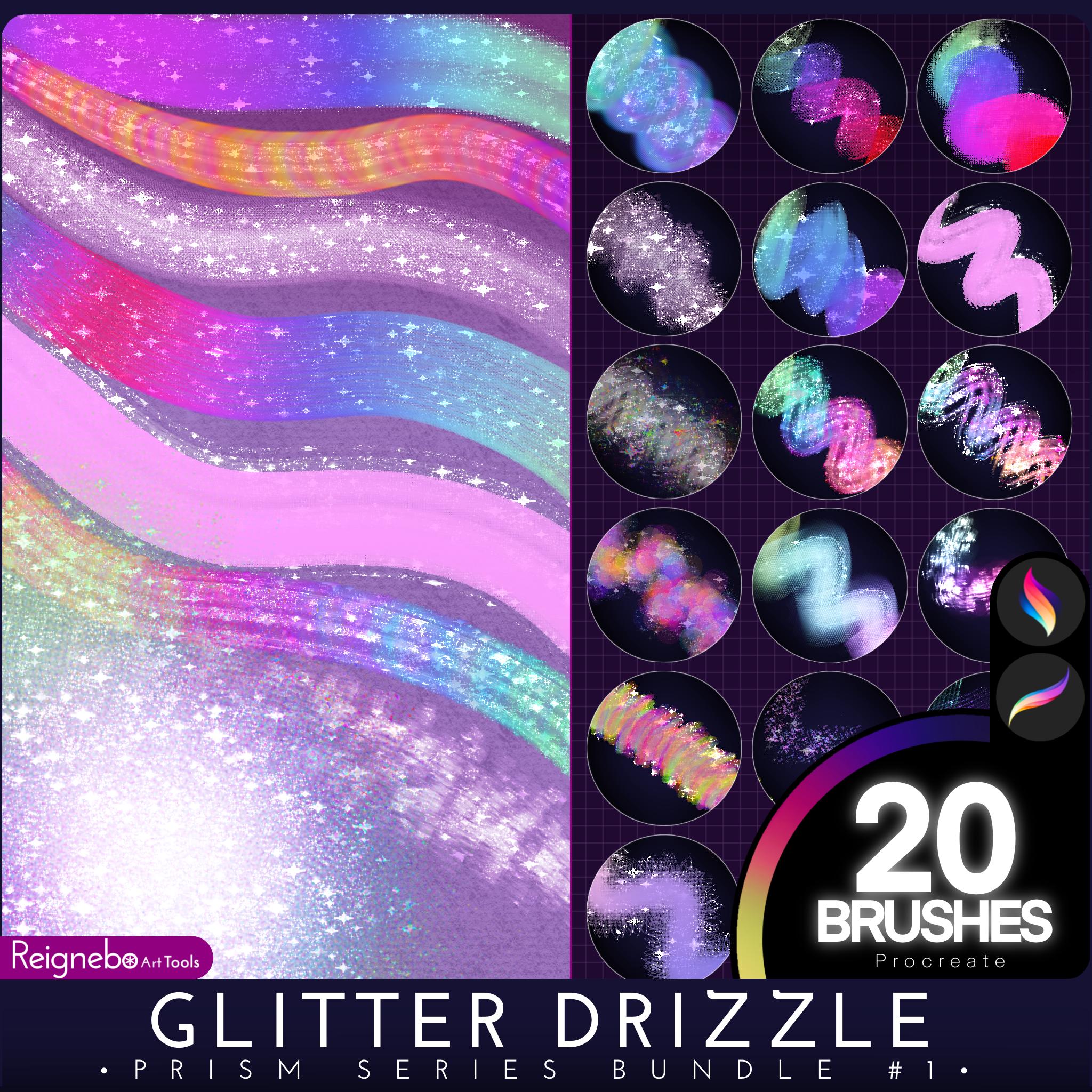 Pack de pinceles Procreate Glitter & Shimmer – 20 texturas premium holográficas, foil, glow y arcoíris