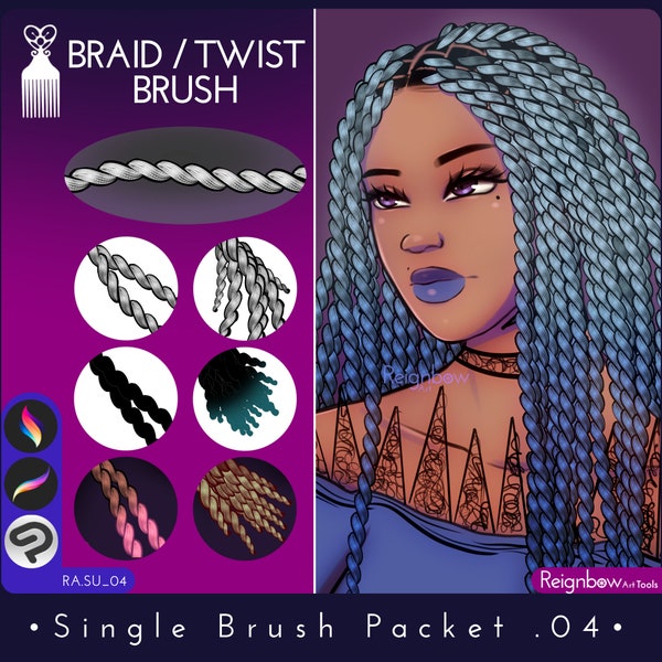 Single Packet: Hair Brush, Procreate Hair brush, Photoshop Hair brushes, Clip Studio Paint Hair brushes, Braid, Twists, Black Hair brush