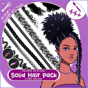 May include: A digital art brush set titled Solid Hair pack featuring various black hair texture strokes including braids and curls. The graphic displays a character with a high afro ponytail and purple accents, alongside icons for Reignebo Art Tools.