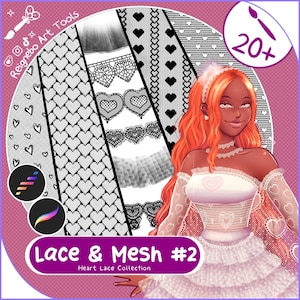 May include: Digital art tools collection featuring various lace and mesh patterns with heart designs. The image includes a digital illustration of a woman with red hair and a white dress. The text reads "Lace & Mesh #2 Heart Lace Collection."