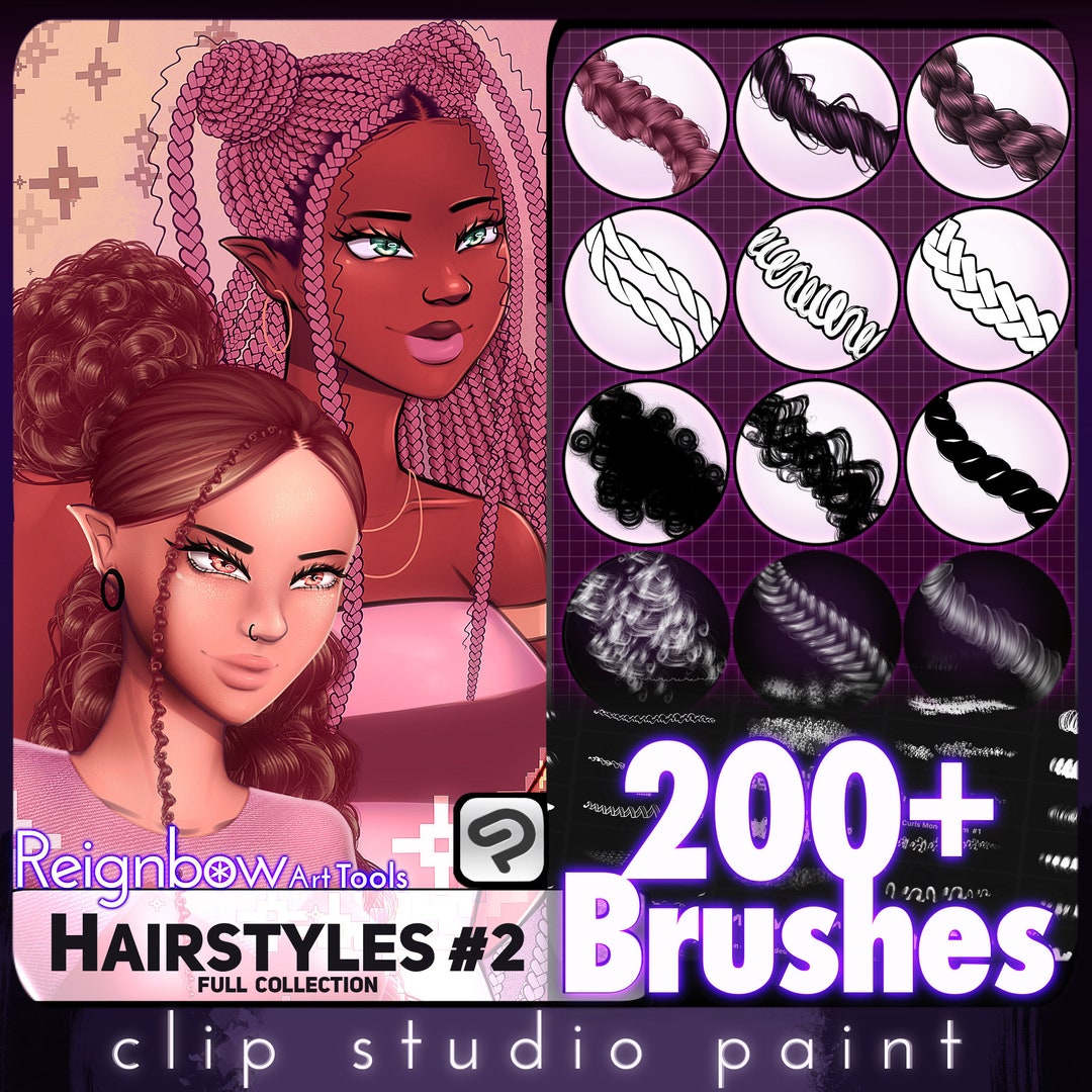 200 Clip Studio Paint Hair Brushes Ultimate Mega Bundle Braids, Curls