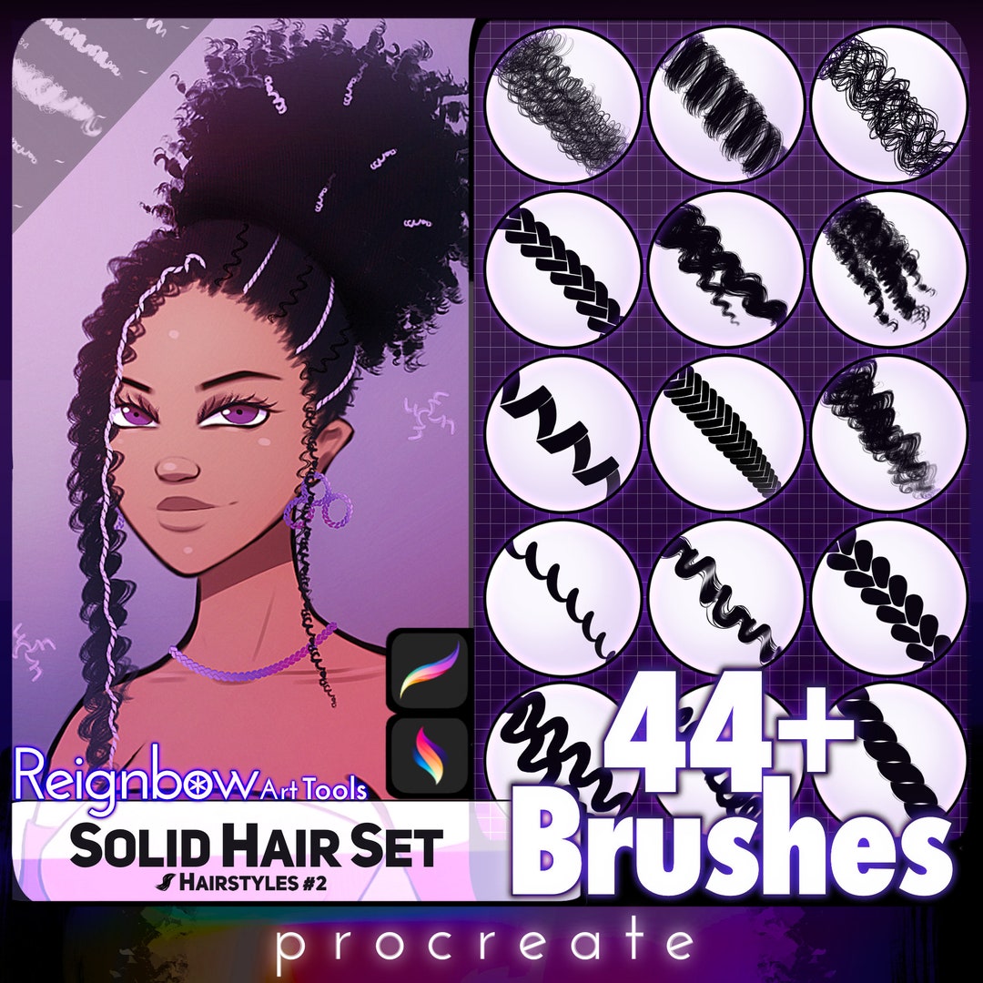 Procreate Hair Brushes Premium Hair Styles Solid Bundle Braids, Curls