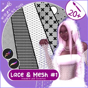 May include: A digital art graphic featuring a woman with pink hair and a white outfit, holding a lace-patterned object. The image showcases various black and white lace and mesh patterns. Text reads "Lace & Mesh #1 Standard Lace Collection" and "20+".