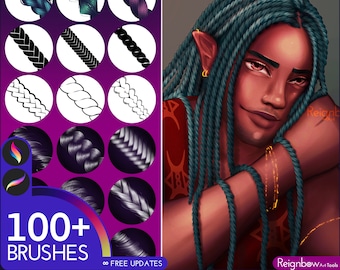 100 Procreate Hair Brushes - Braids and Twists Premium Hair Style Brushset Pack, Locs, Dreads | Digital Outline Drawings, Painting, Manga