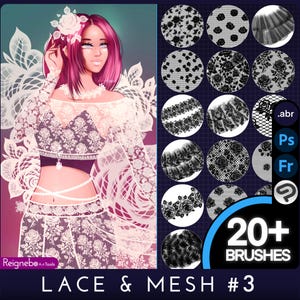 Pinceles de encaje para Photoshop - Paquete premium de texturas de encaje sin costuras - Diseños florales de red, malla y tul para pinturas, cómics, anime y manga