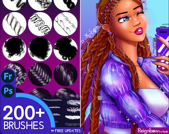 200 Photoshop Hair Brushes & Clip Studio Paint Hair Brushes - Ultimate Mega Bundle - Braids, Curls, Outline / Shading, Cartoon Anime Drawing